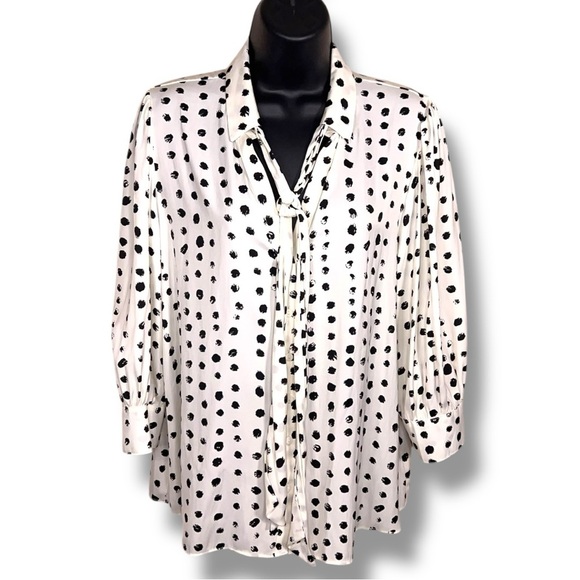 NEW Petite L Worthington White Black Polka Dot Blouse Bow Neckline 3/4 Sleeve - Picture 1 of 16